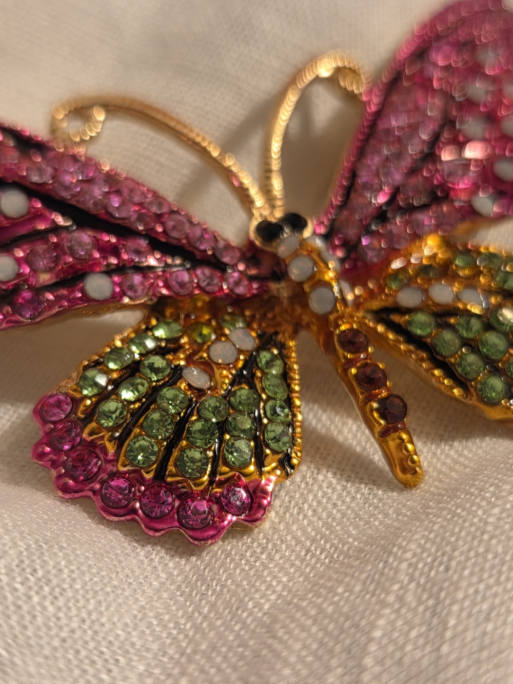 Crystal Butterfly Brooch - Pink & Green Rhinestone Accent